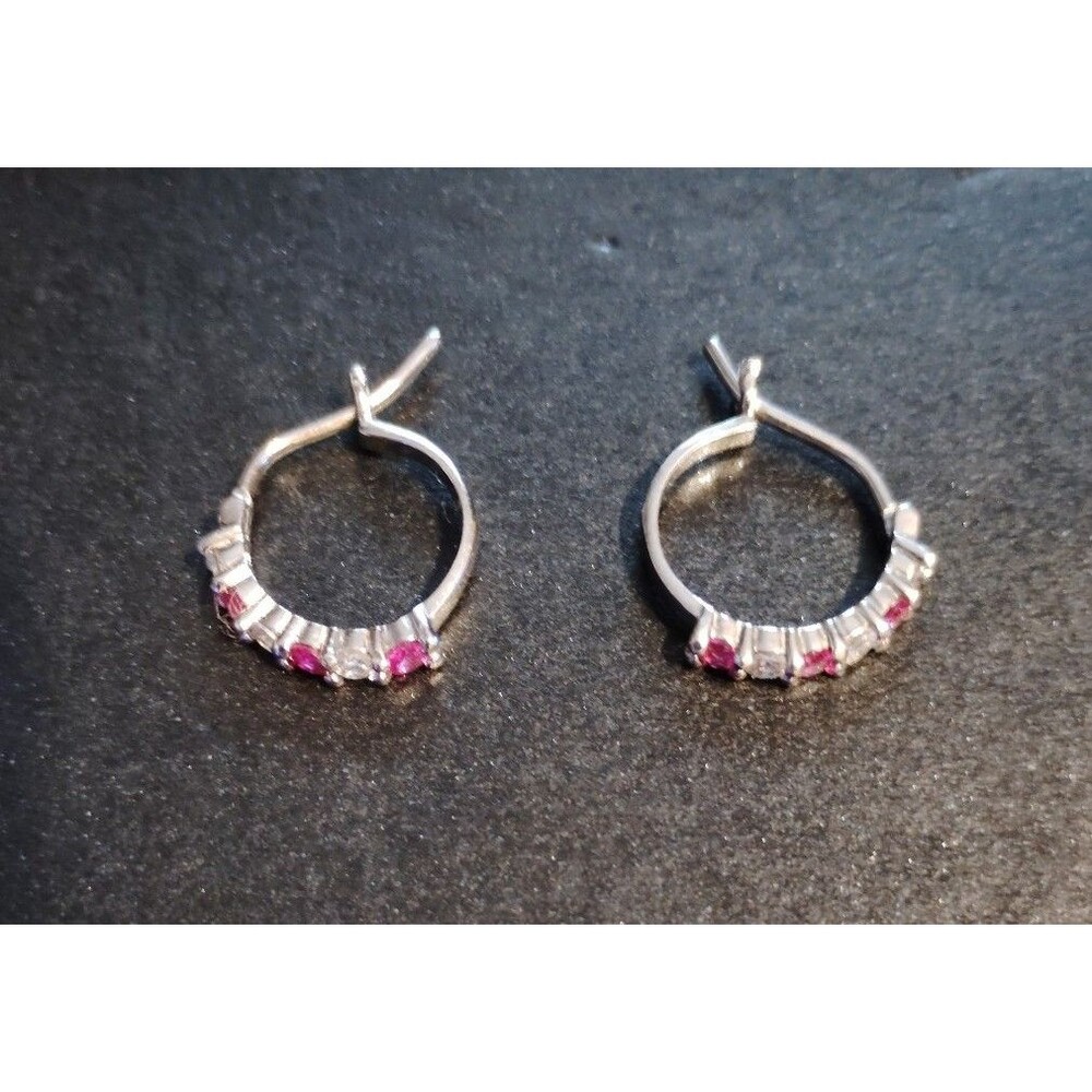 Earrings Sterling Silver CZ and Ruby Hoop / Huggie